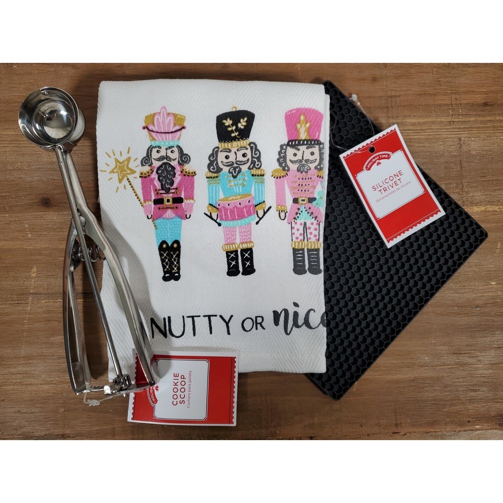 Kitchen Gift Set NUTCRACKER Towel - Silicone Trivet - Cookie Scoop Christmas NEW